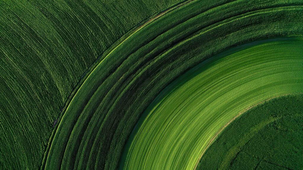 Aerial view of green agricultural fields treated with fungal chitosan