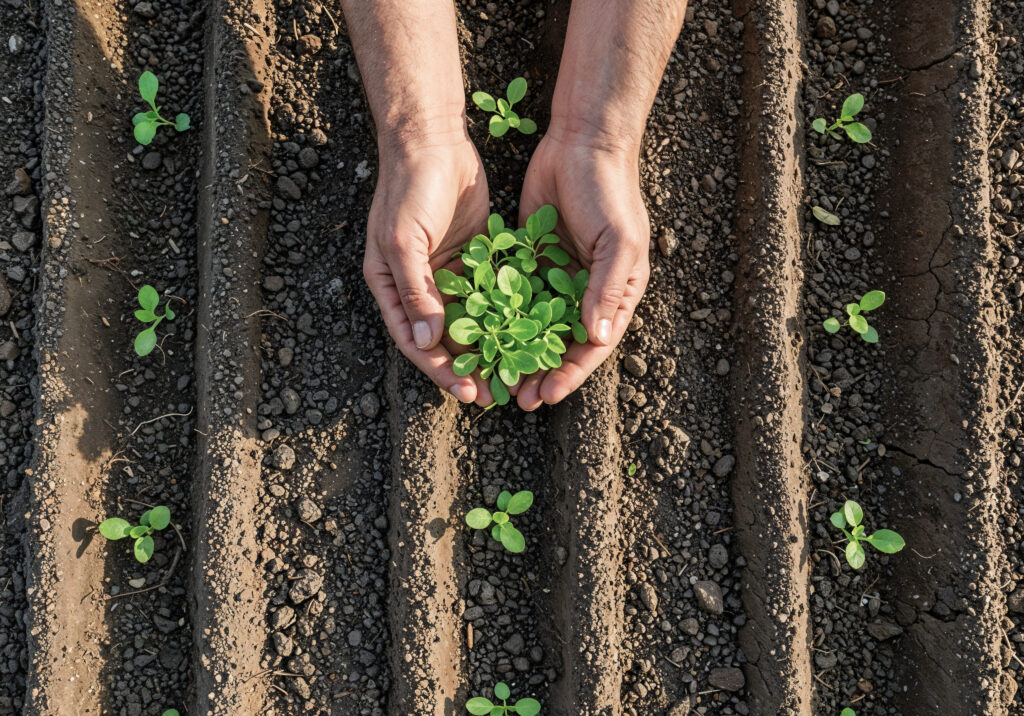 Hands cupping a small plant in soil, illustrating fungal chitosan crop protection